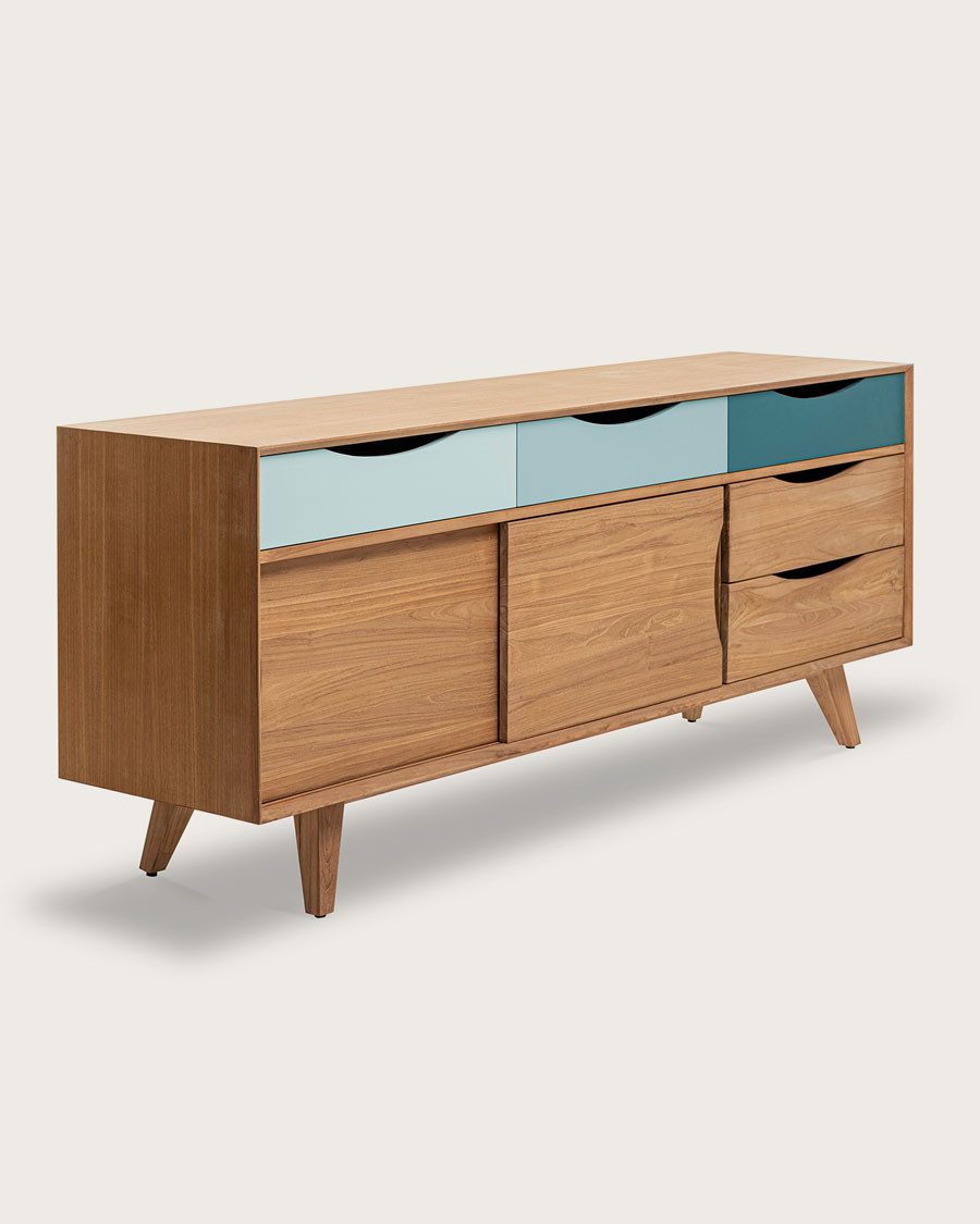 Kalios - Buffet scandinave en bois massif de teck et tiroirs bleu