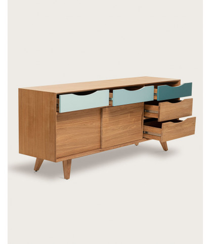 Kalios - Buffet scandinave en bois massif de teck et tiroirs bleu