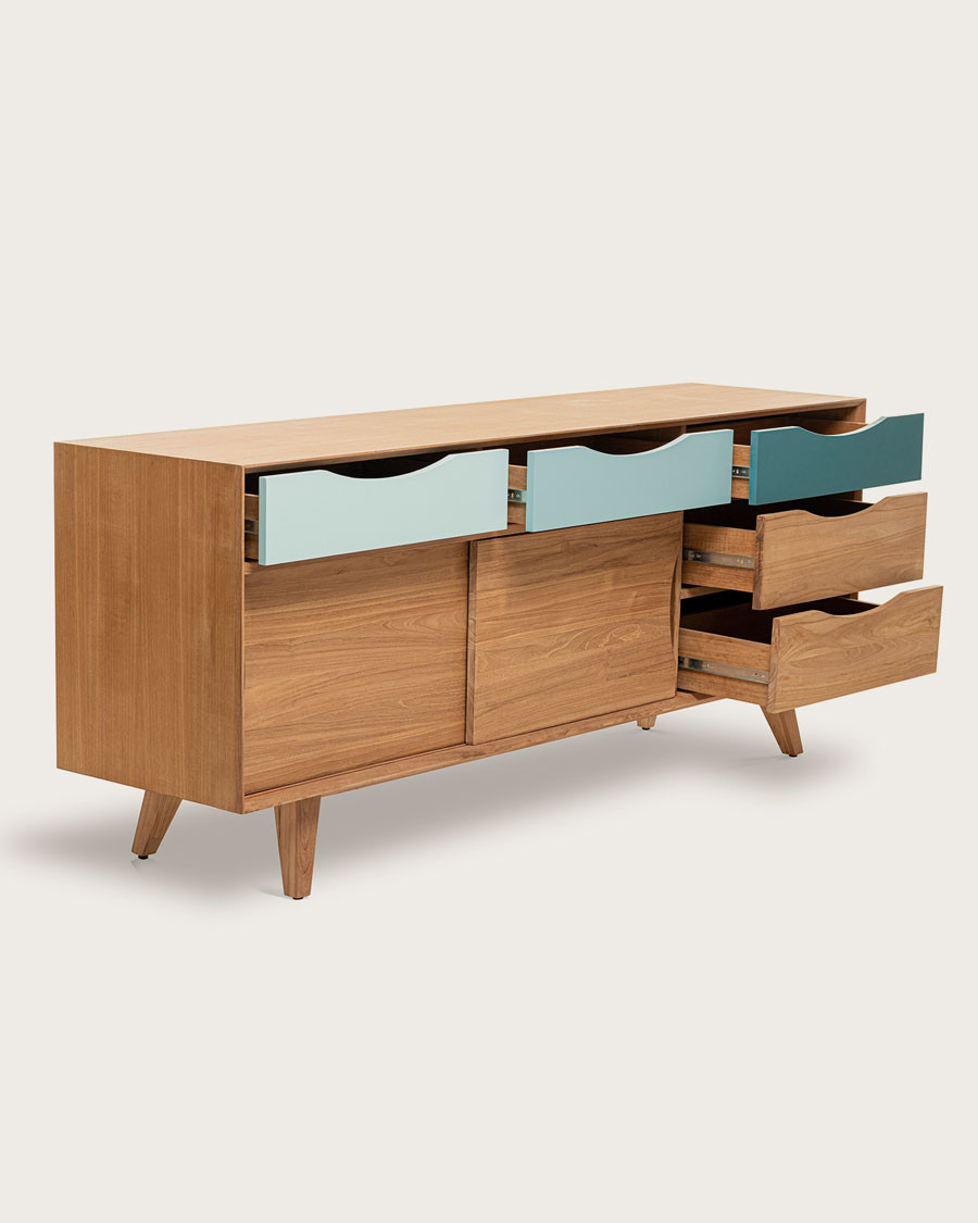 Kalios - Buffet scandinave en bois massif de teck et tiroirs bleu