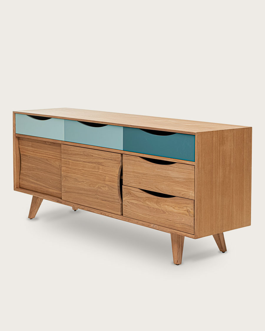 Kalios - Buffet scandinave en bois massif de teck et tiroirs bleu