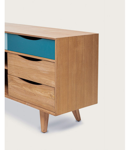 Kalios - Buffet scandinave en bois massif de teck et tiroirs bleu