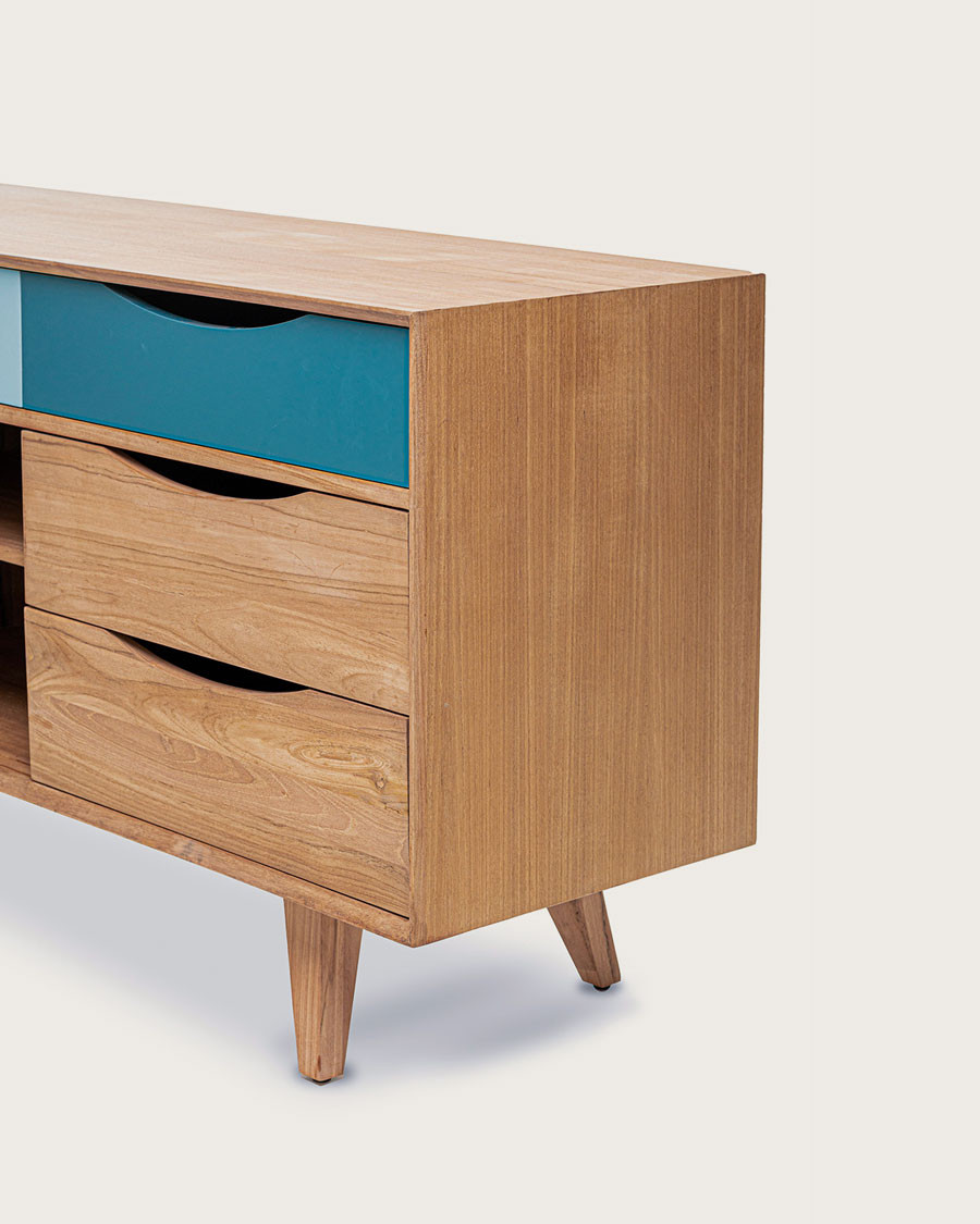 Kalios - Buffet scandinave en bois massif de teck et tiroirs bleu