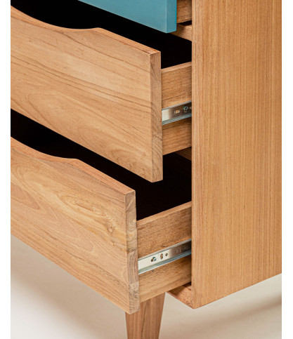 Kalios - Buffet scandinave en bois massif de teck et tiroirs bleu
