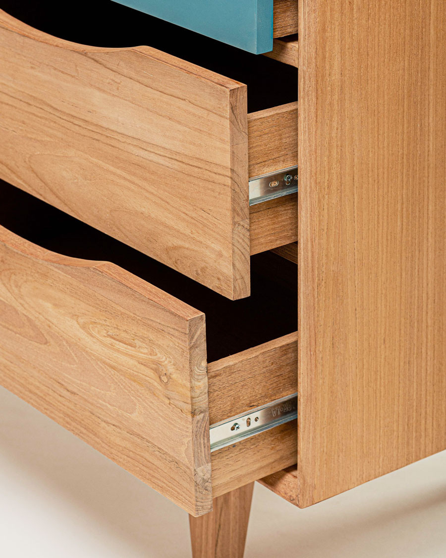 Kalios - Buffet scandinave en bois massif de teck et tiroirs bleu