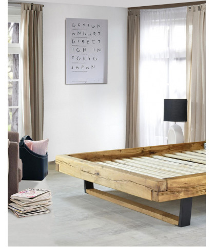 Bakara - Lit poutre en bois massif d'épicéa et métal noir