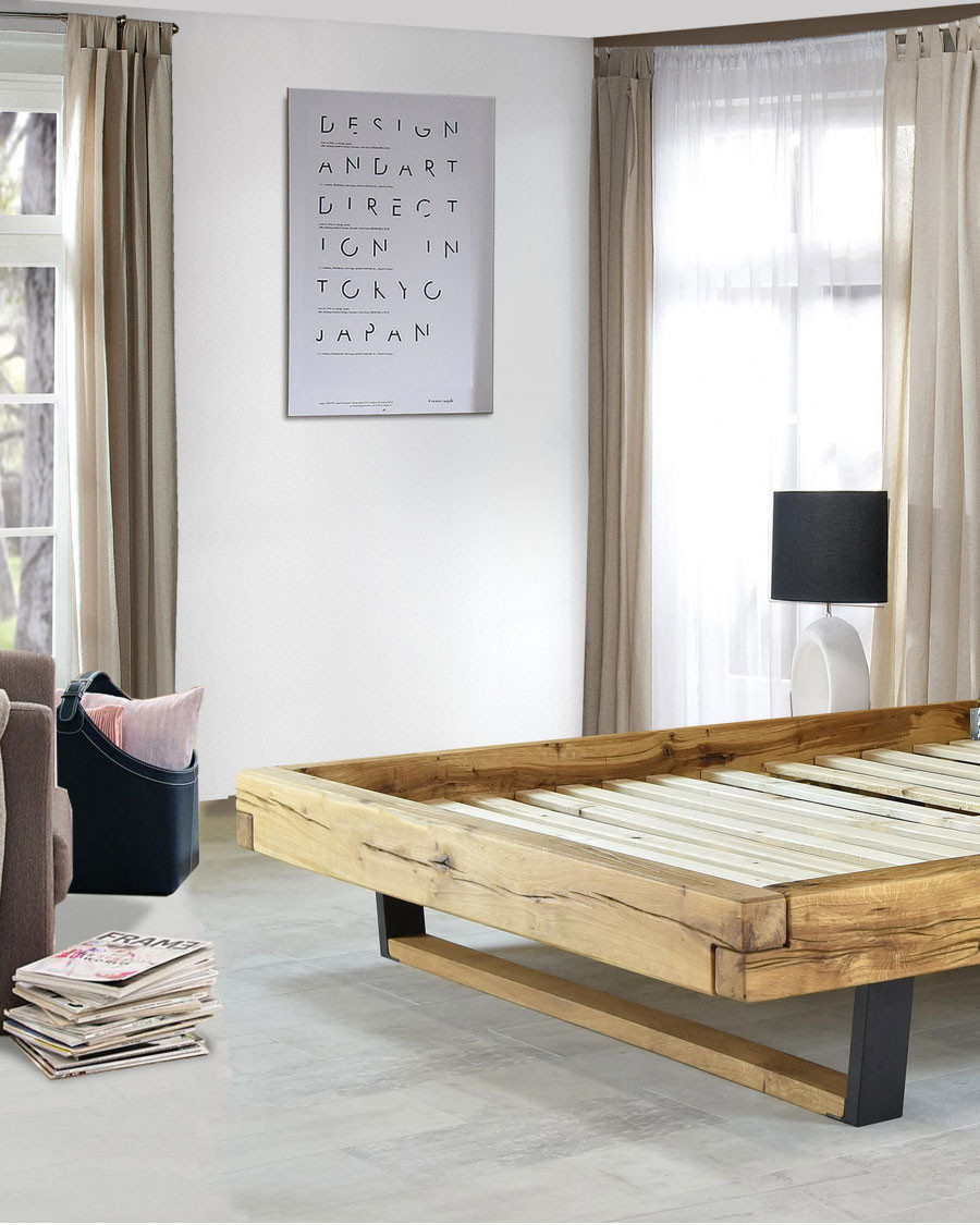 Bakara - Lit poutre en bois massif d'épicéa et métal noir