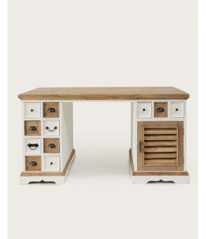 Inda - Bureau en Mindy massif naturel et blanc avec portes persiennes 150 cm