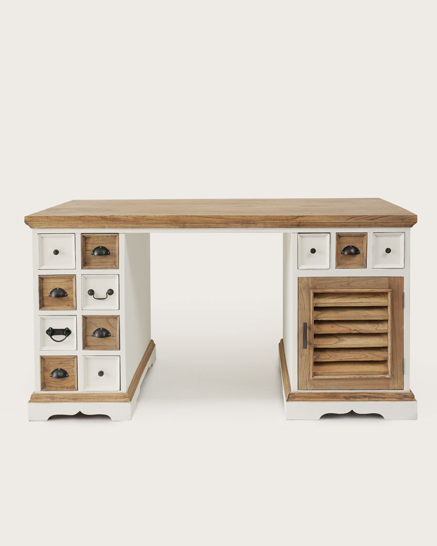 Inda - Bureau en Mindy massif naturel et blanc avec portes persiennes 150 cm