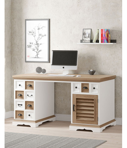 Inda - Bureau en Mindy massif naturel et blanc avec portes persiennes 150 cm