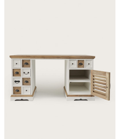Inda - Bureau en Mindy massif naturel et blanc avec portes persiennes 150 cm