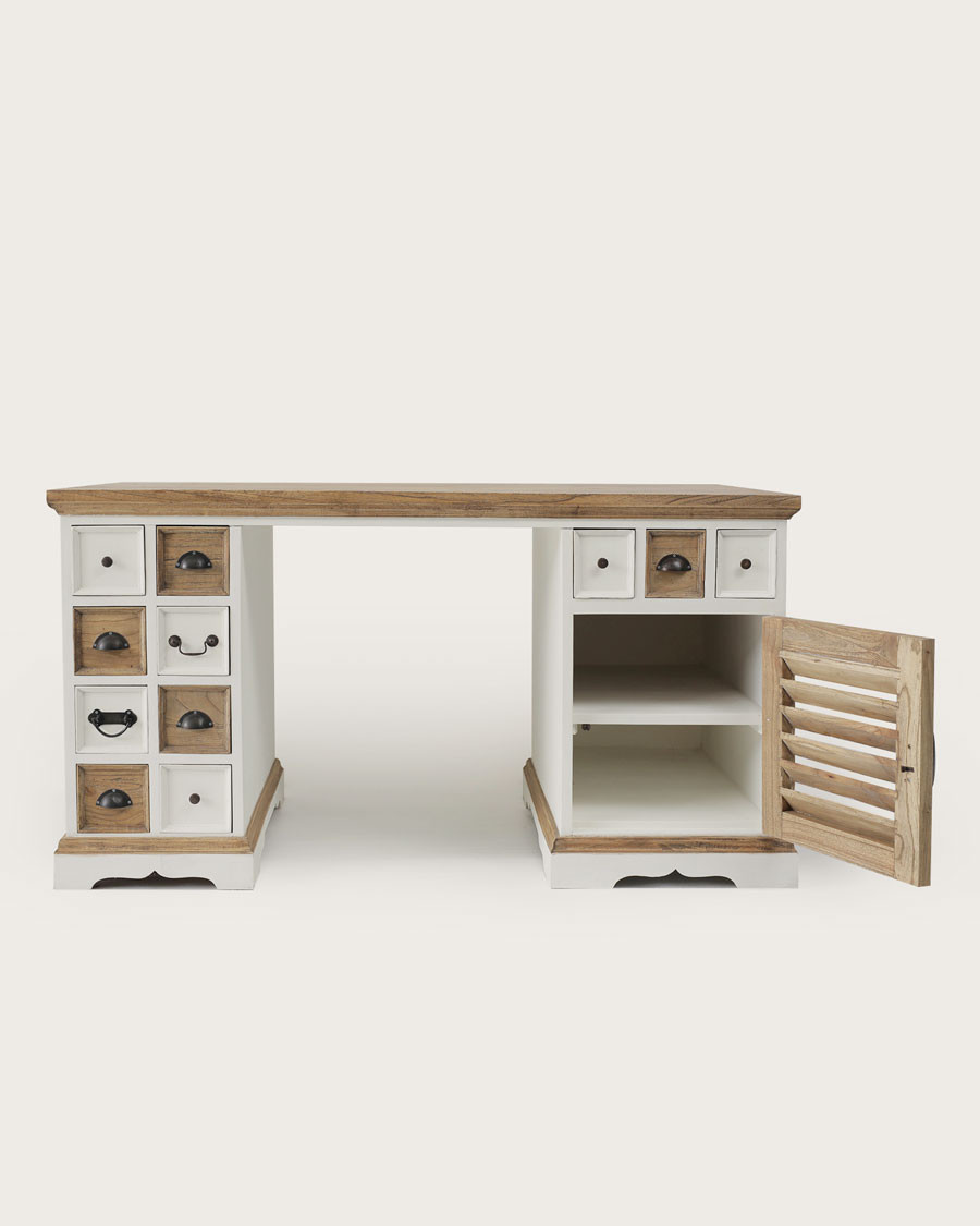 Inda - Bureau en Mindy massif naturel et blanc avec portes persiennes 150 cm