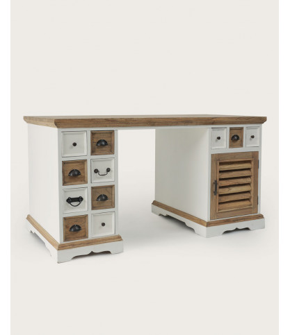 Inda - Bureau en Mindy massif naturel et blanc avec portes persiennes 150 cm