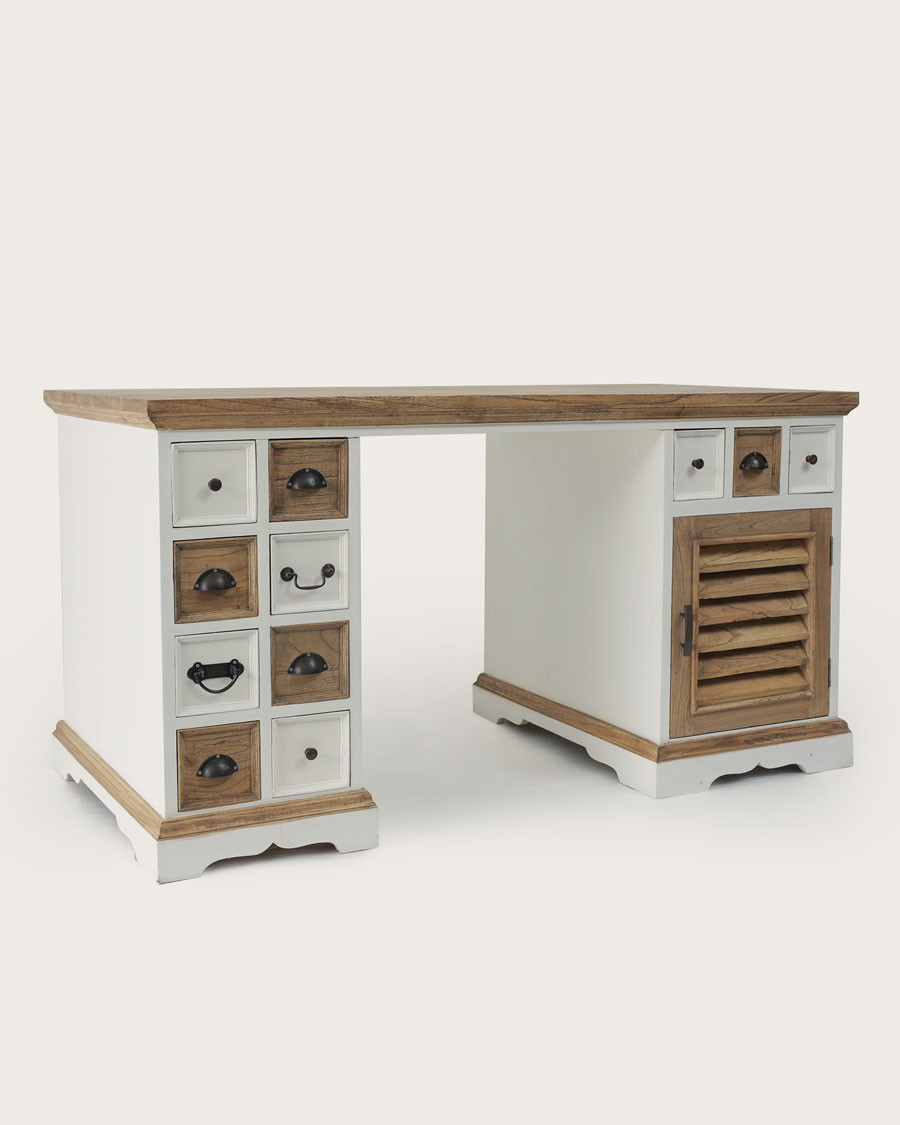 Inda - Bureau en Mindy massif naturel et blanc avec portes persiennes 150 cm