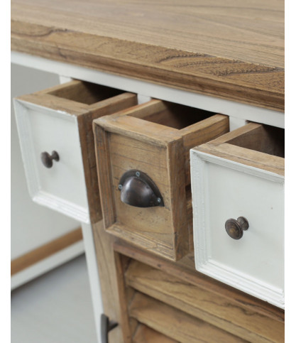 Inda - Bureau en Mindy massif naturel et blanc avec portes persiennes 150 cm