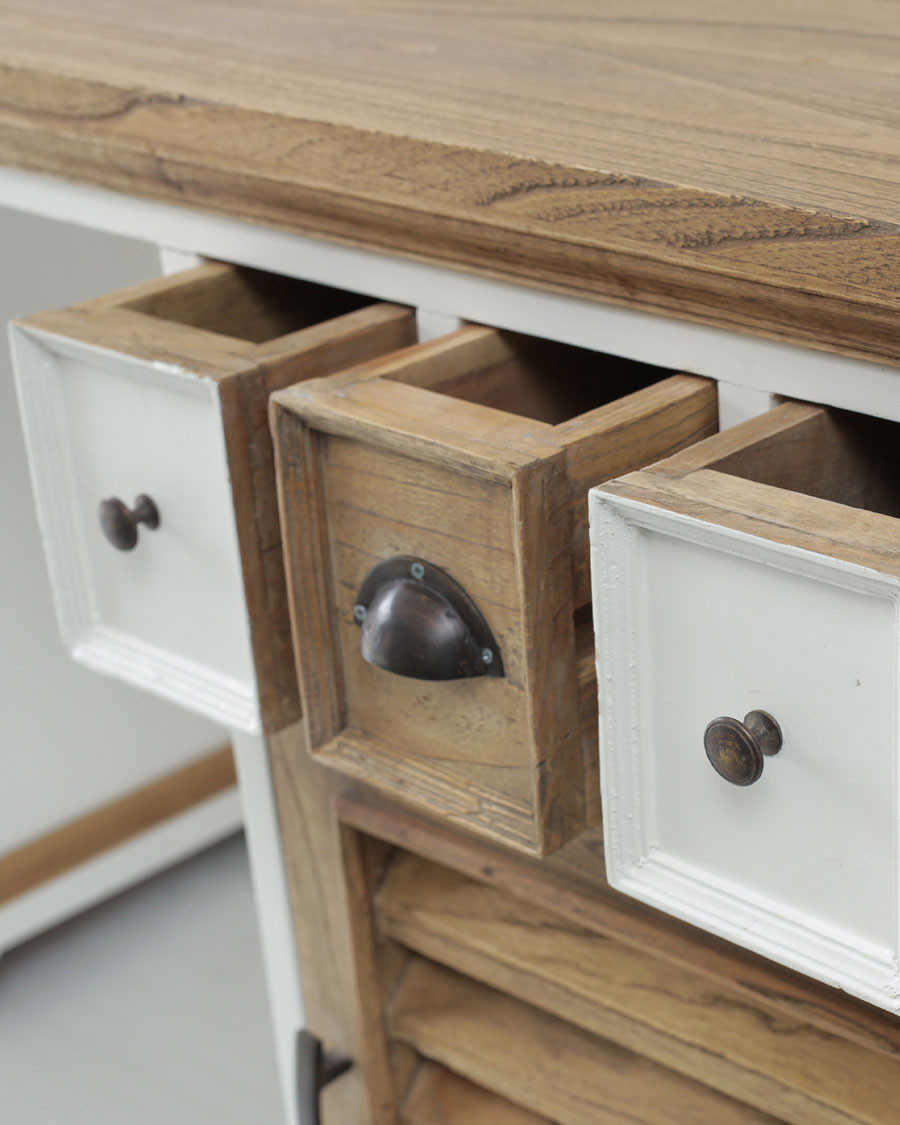 Inda - Bureau en Mindy massif naturel et blanc avec portes persiennes 150 cm