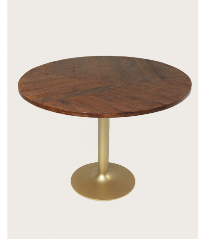 Prague - Table repas ronde en bois massif et pied tulipe doré D110 cm 6 pers