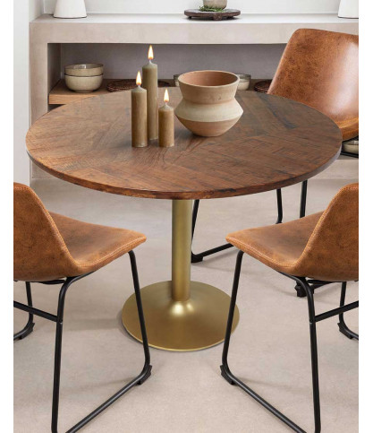 Prague - Table repas ronde en bois massif et pied tulipe doré D110 cm 6 pers