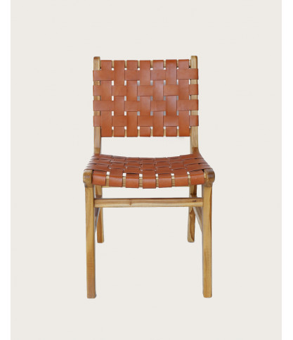 Malawi - Chaise en teck massif et cuir de vachette tressé