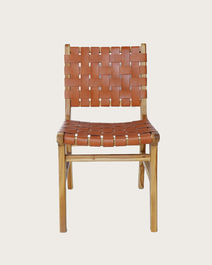 Malawi - Chaise en teck massif et cuir de vachette tressé