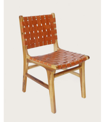 Malawi - Chaise en teck massif et cuir de vachette tressé