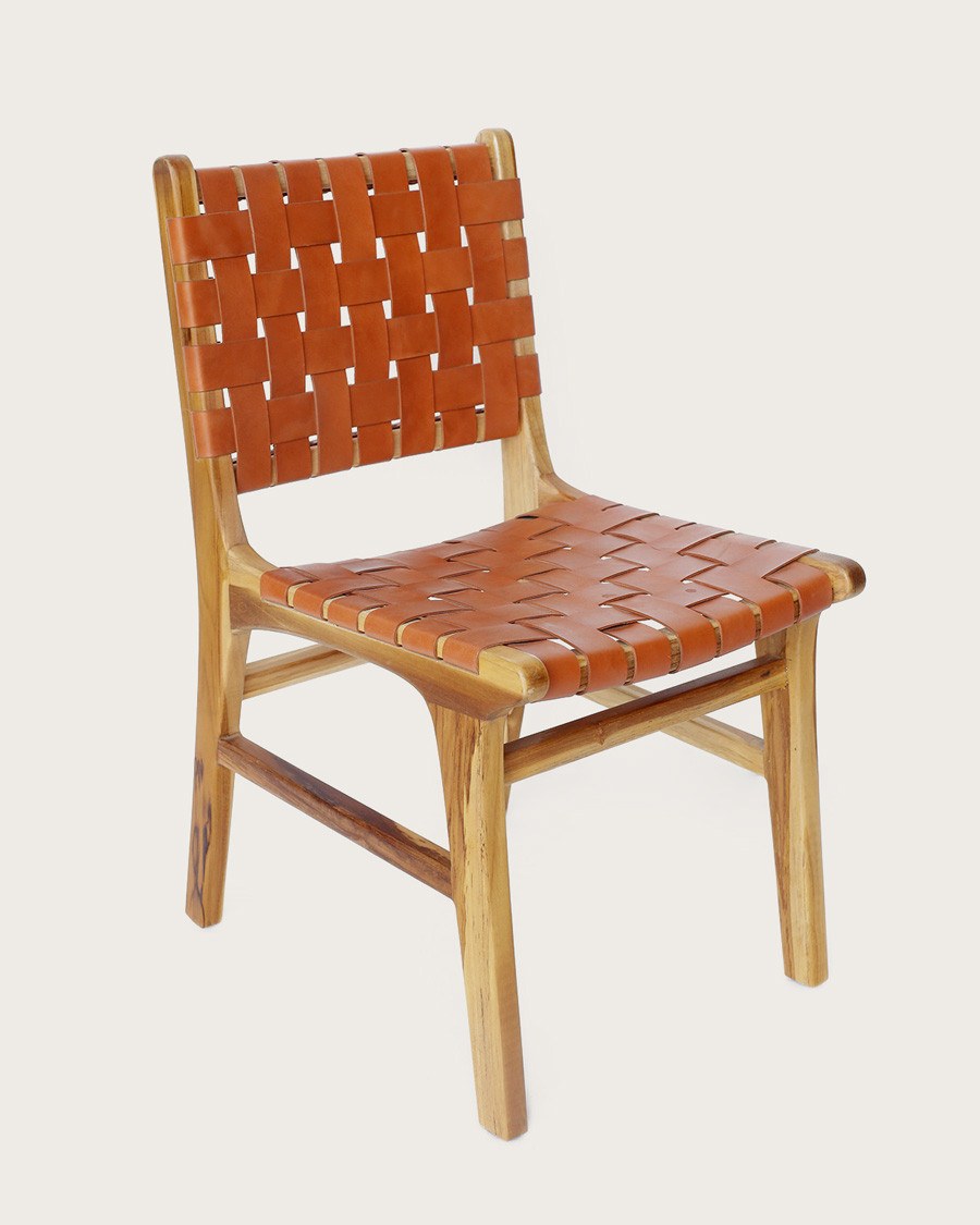 Malawi - Chaise en teck massif et cuir de vachette tressé