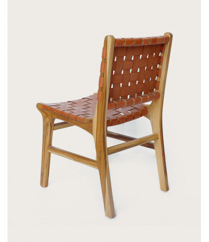 Malawi - Chaise en teck massif et cuir de vachette tressé