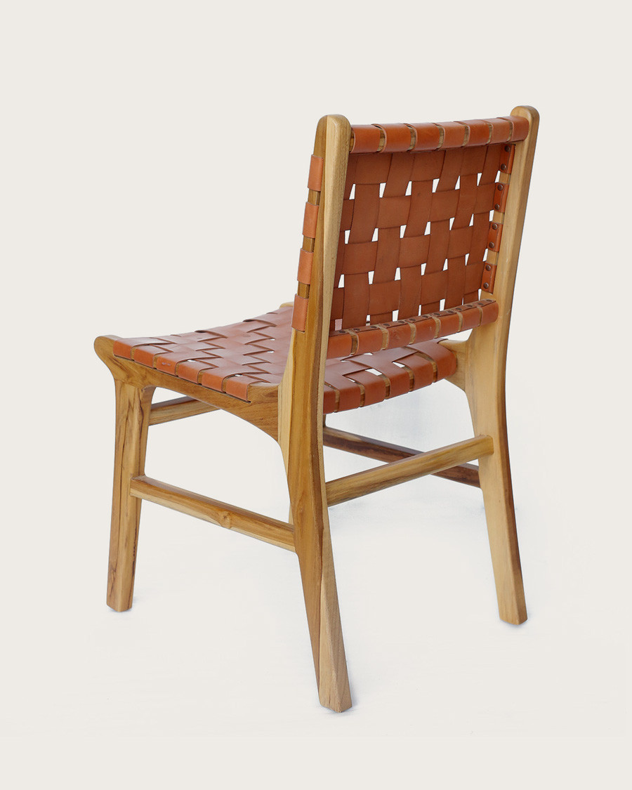 Malawi - Chaise en teck massif et cuir de vachette tressé