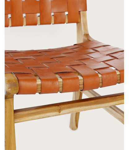 Malawi - Chaise en teck massif et cuir de vachette tressé