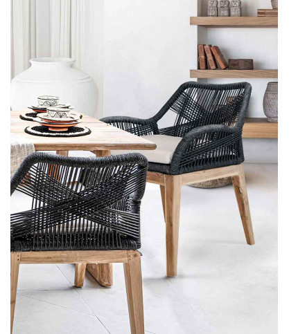 Santorini - Chaise en teck massif et cordage gris