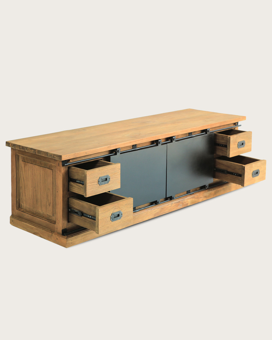 Industryal - Meuble TV industriel teck massif et portes en métal