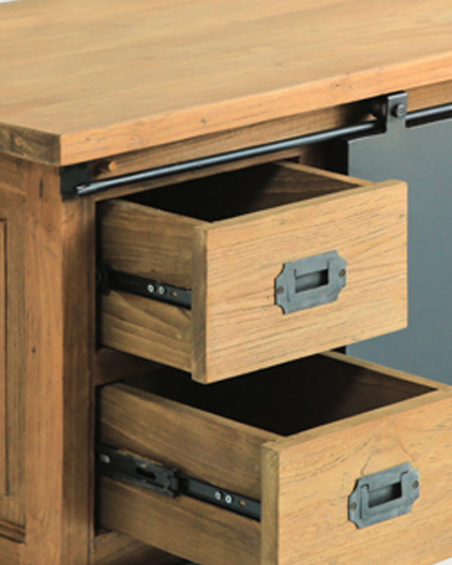 Industryal - Meuble TV industriel teck massif et portes en métal