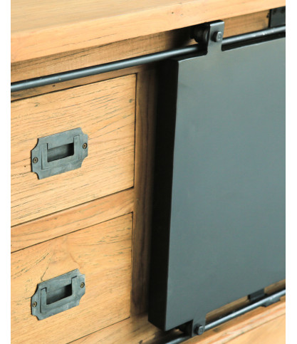 Industryal - Meuble TV industriel teck massif et portes en métal