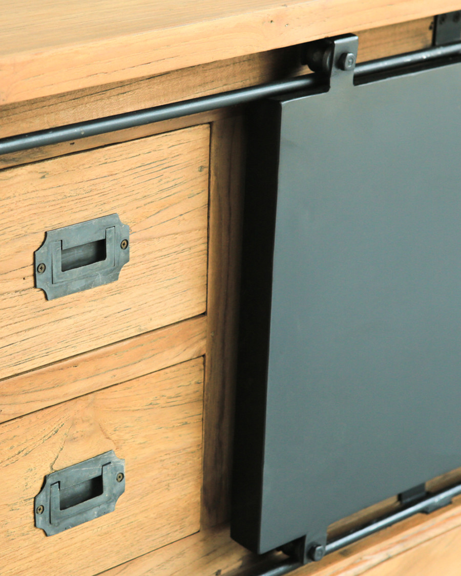 Industryal - Meuble TV industriel teck massif et portes en métal