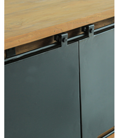 Industryal - Meuble TV industriel teck massif et portes en métal