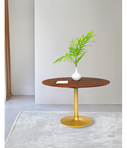 Prague - Table repas ronde en bois massif et pied tulipe doré D110 cm 6 pers