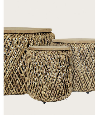 Yuda - Lot de trois tables en bois de teck massif et tissage banane avec rangements