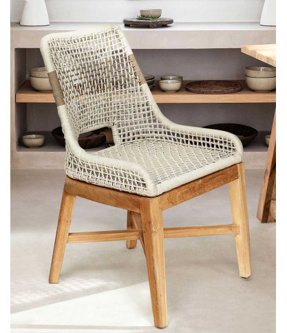 Kos - Chaise dossier haut en teck massif et corde naturelle beige