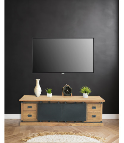 Industryal - Meuble TV industriel teck massif et portes en métal