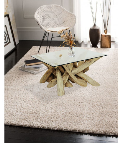 Hinata - Table basse en bois de teck massif et en verre