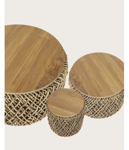 Yuda - Lot de trois tables en bois de teck massif et tissage banane avec rangements
