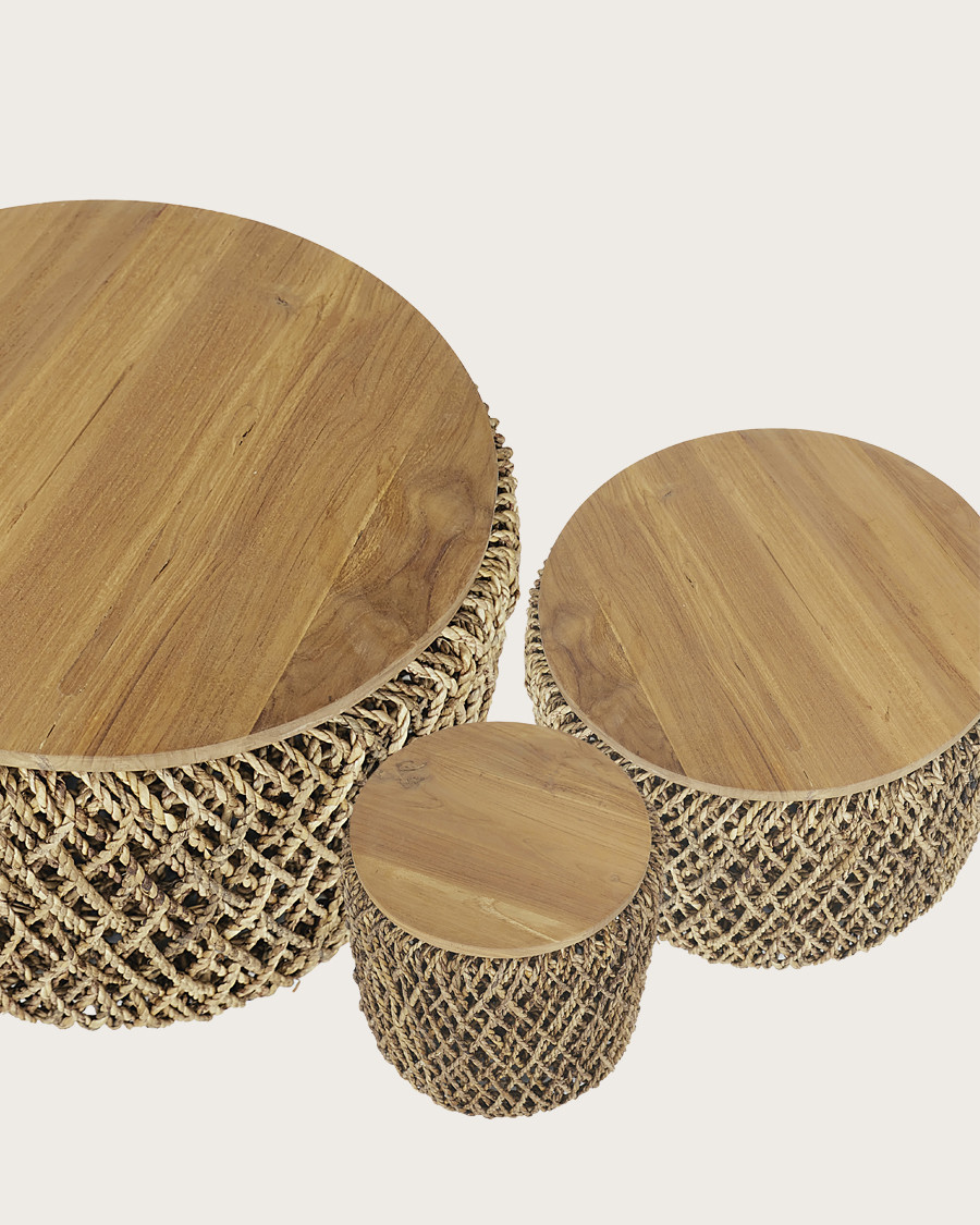 Yuda - Lot de trois tables en bois de teck massif et tissage banane avec rangements