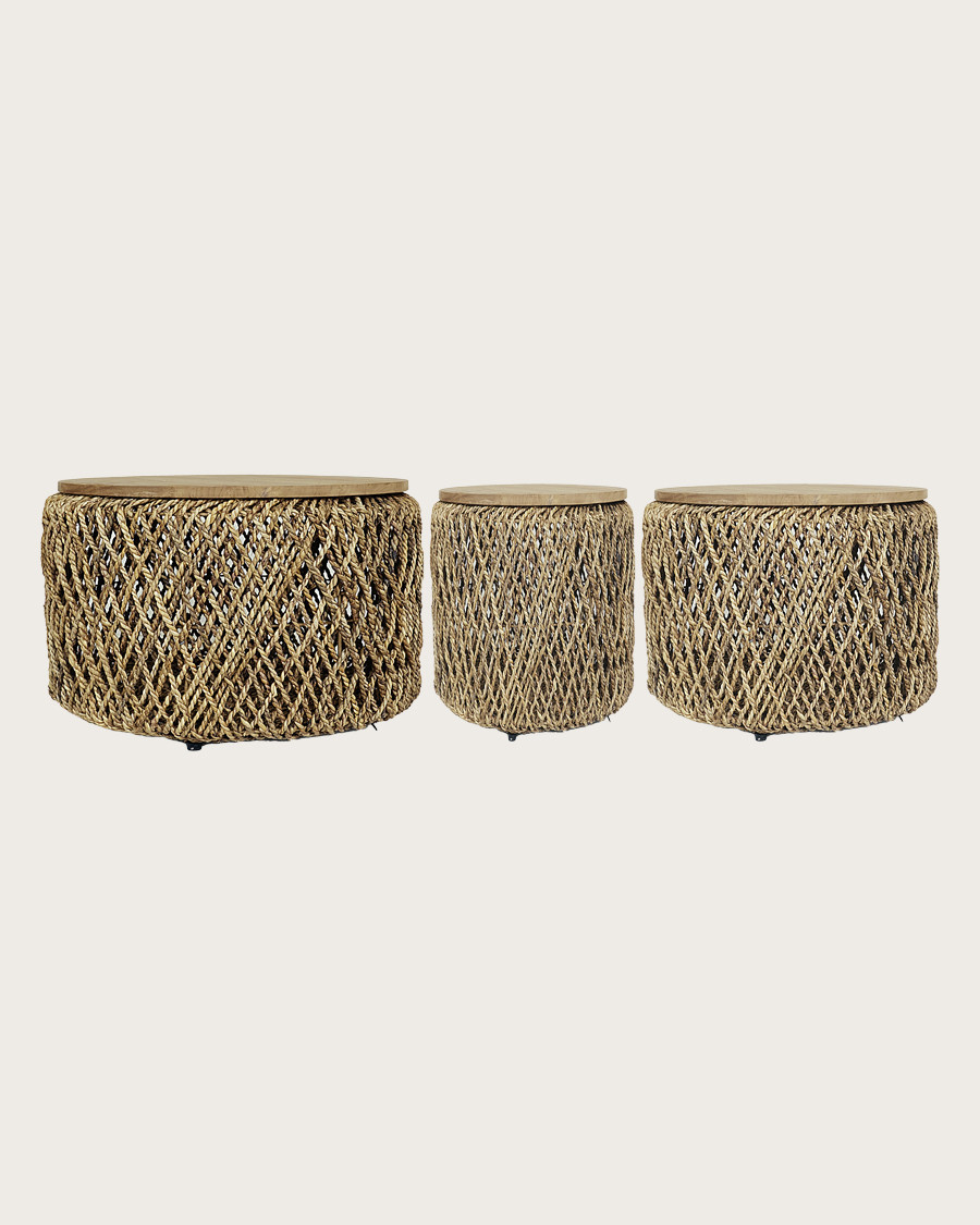Yuda - Lot de trois tables en bois de teck massif et tissage banane avec rangements