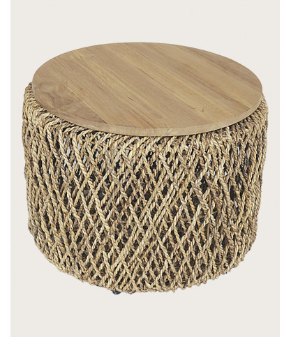 Yuda - Lot de trois tables en bois de teck massif et tissage banane avec rangements