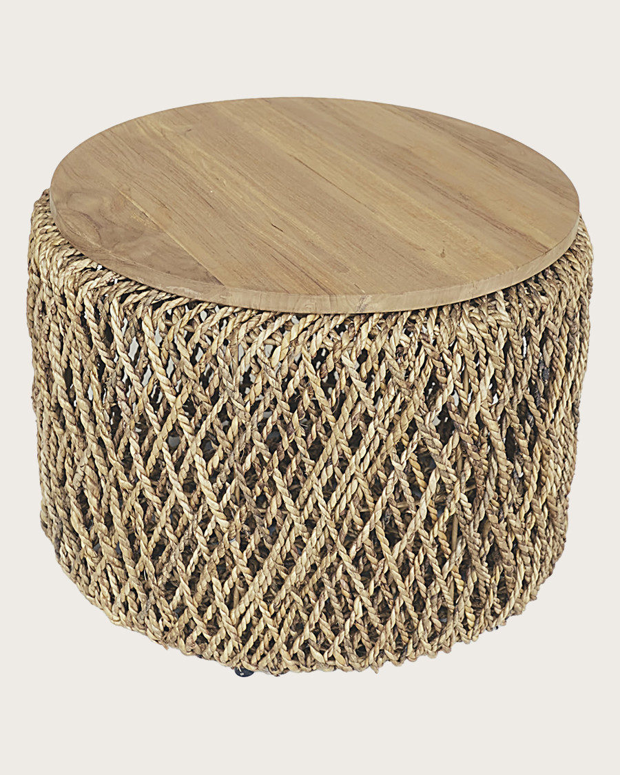 Yuda - Lot de trois tables en bois de teck massif et tissage banane avec rangements