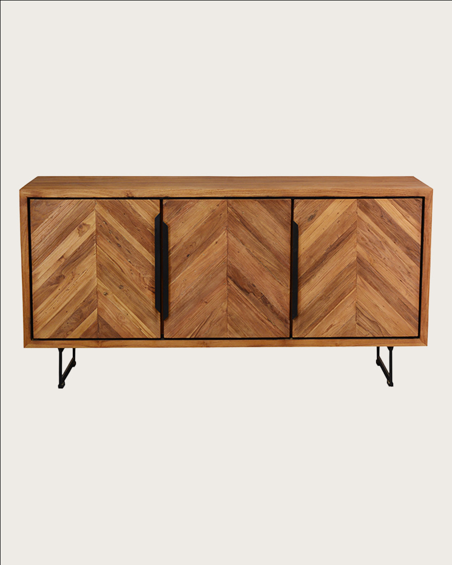 Kappa - Buffet bas en teck recyclé avec motif chevron et métal 160 cm