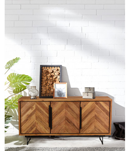 Kappa - Buffet bas en teck recyclé avec motif chevron et métal 160 cm