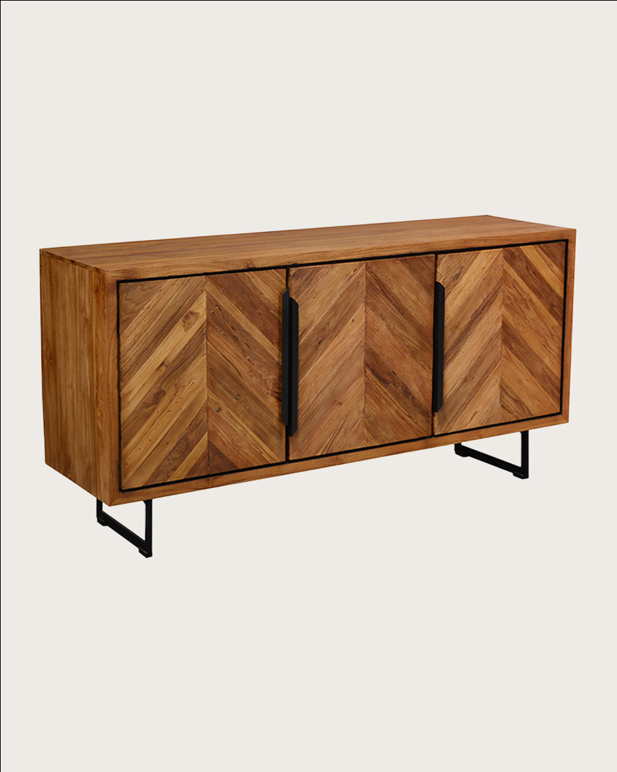 Kappa - Buffet bas en teck recyclé avec motif chevron et métal 160 cm