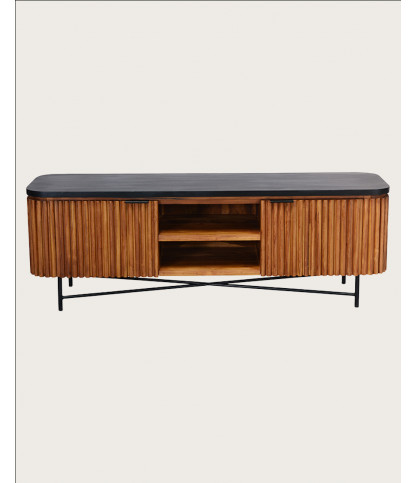 Haussman - Meuble tv rétro en teck massif recyclé et plateau laqué noir 160 cm