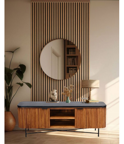 Haussman - Meuble tv rétro en teck massif recyclé et plateau laqué noir 160 cm