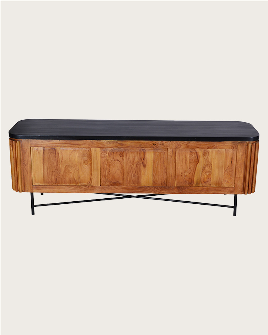 Haussman - Meuble tv rétro en teck massif recyclé et plateau laqué noir 160 cm